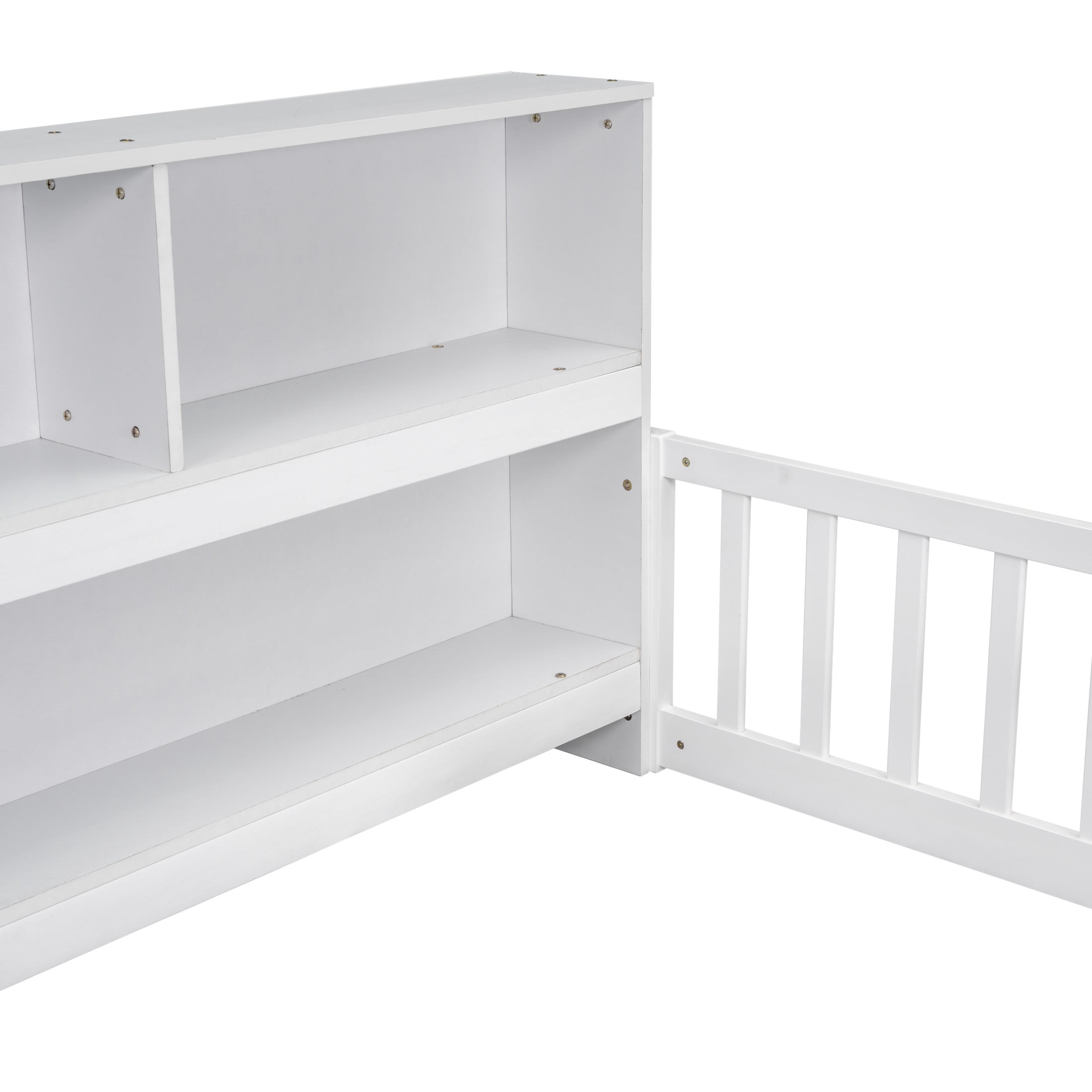 Noble House Lester Twin Size Floor Bed, Pine Wood Frame with Side Bookcase, Shelves, and Guardrails for Kids, White