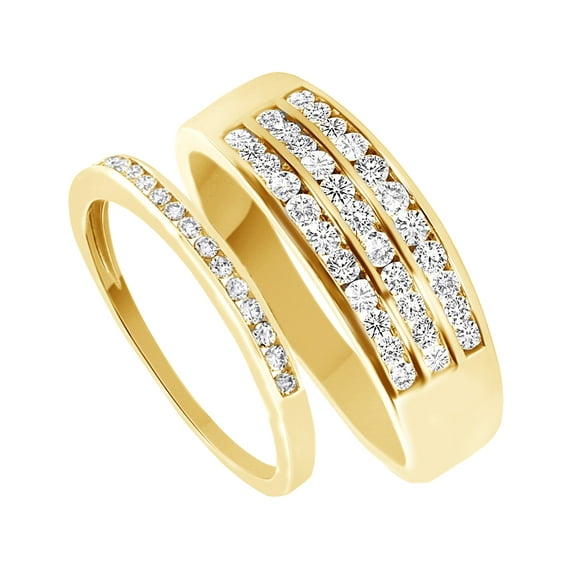 Round Cut White Natural Diamond His and Hers Wedding Band Ring Set in 14K Yellow Gold (0.75 Cttw)