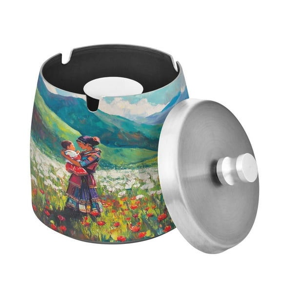 (9.3*9.3*9.7inch)Ashtray with Lid for Cigarette, Stainless Steel Smokeless Odorless Windproof Ashtrays, for Home Office Tabletop Outside Patio Outdoor Balcony，Oil Painting