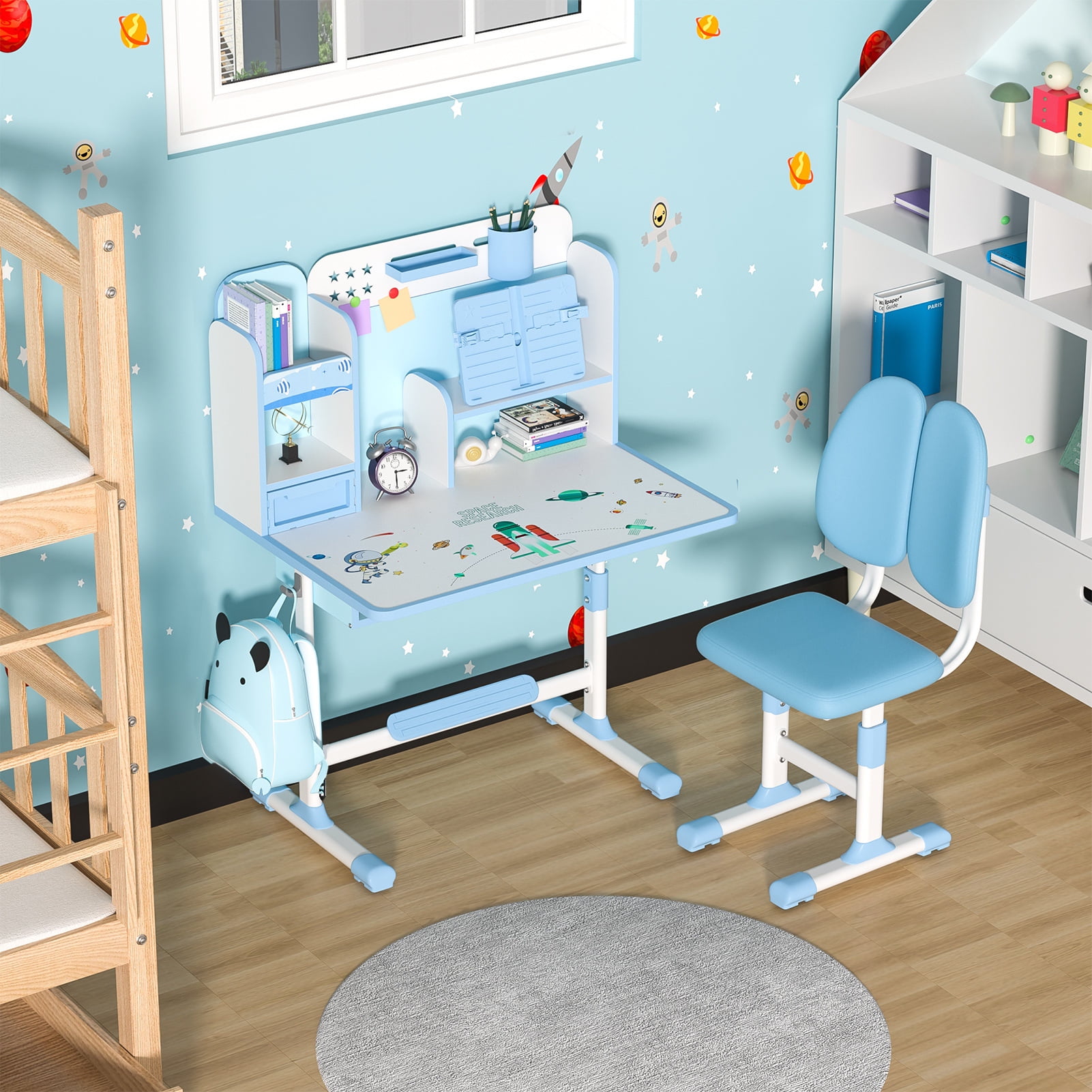 AurumEdge Kids Study Desk Chair Set, Ergonomic Desk Chair with Book Stand, Height Adjustable Children School Study Table Chair Set with Sitting Corrector, Foot Pedal, Partition Design (Blue)