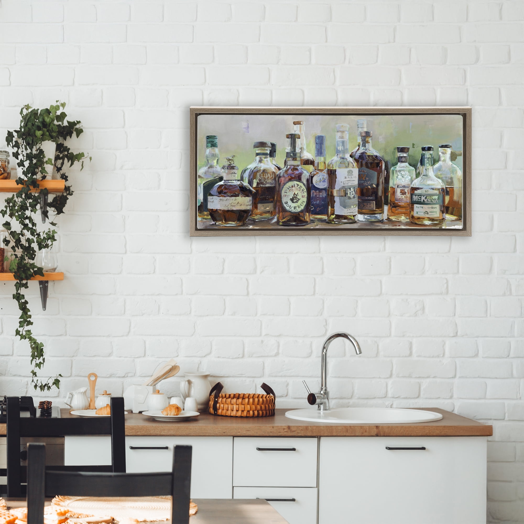 Stupell Industries Vintage Whiskey Bottles Display Brown Framed Floater Canvas Wall Art, design by Marilyn Hageman
