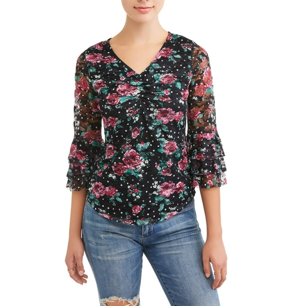 No Boundaries No Boundaries Juniors Floral Printed Tiered Ruffle Sleeve V Neck Blouse Walmart Com Walmart Com