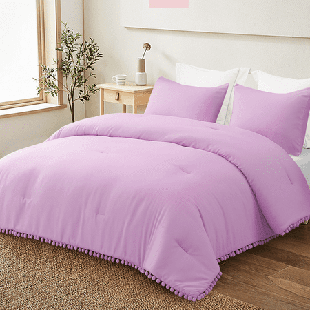 Exclusivo Mezcla Boho Pom Pom Ball Fringe King Size Comforter  Lilac Lightweight Down Alternative Bedding Comforter Sets for All Seasons ((( Comforter  Only ))