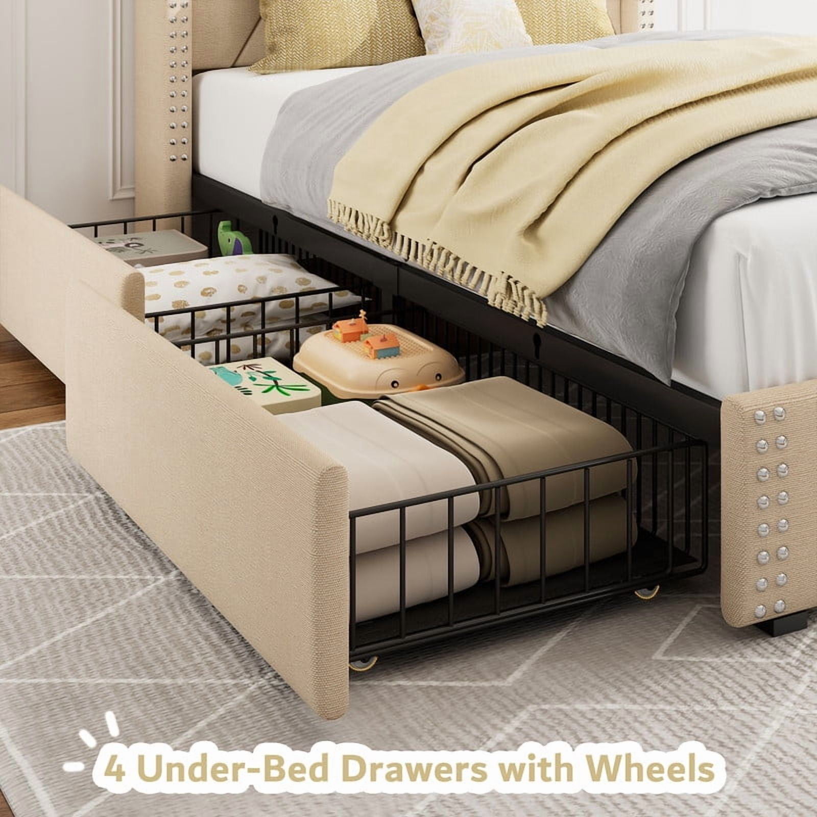 iPormis Twin Bed Frame with Charging Station & Wingback Upholstered Headboard, Platform Bed with 4 Storage Drawers , Solid Wood Slats Support, No Box Spring Needed,Beige