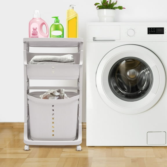 Laundry Hampers 3-tier Rolling Storage Cart 17*11.4*31in Modern White Laundry Baskets, Portable Laundry Baskets