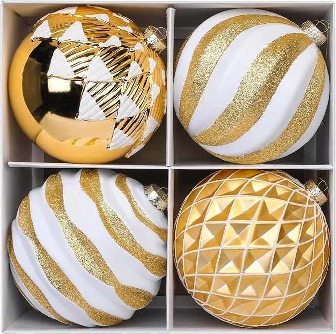 6"/150mm Large Christmas Ball Ornaments, 4Pcs Christmas Tree Decor, Shatterproof Hanging Decorations with Hooks, White & Silver Baubles for Xmas Tree, Wedding, Holiday and Party Decor