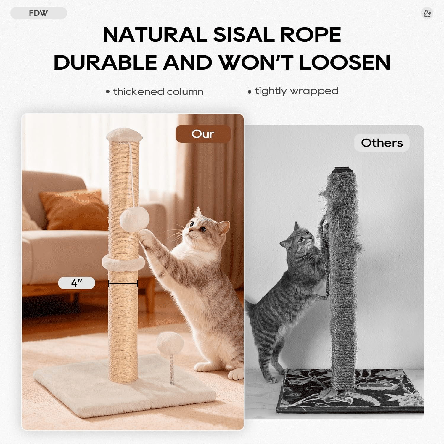 BORGEBY 33 Inch Cat Scratching Post, Natural Sisal Rope Cat Scratcher with Hanging Ball Toy for Indoor Cats and Adults ,Beige
