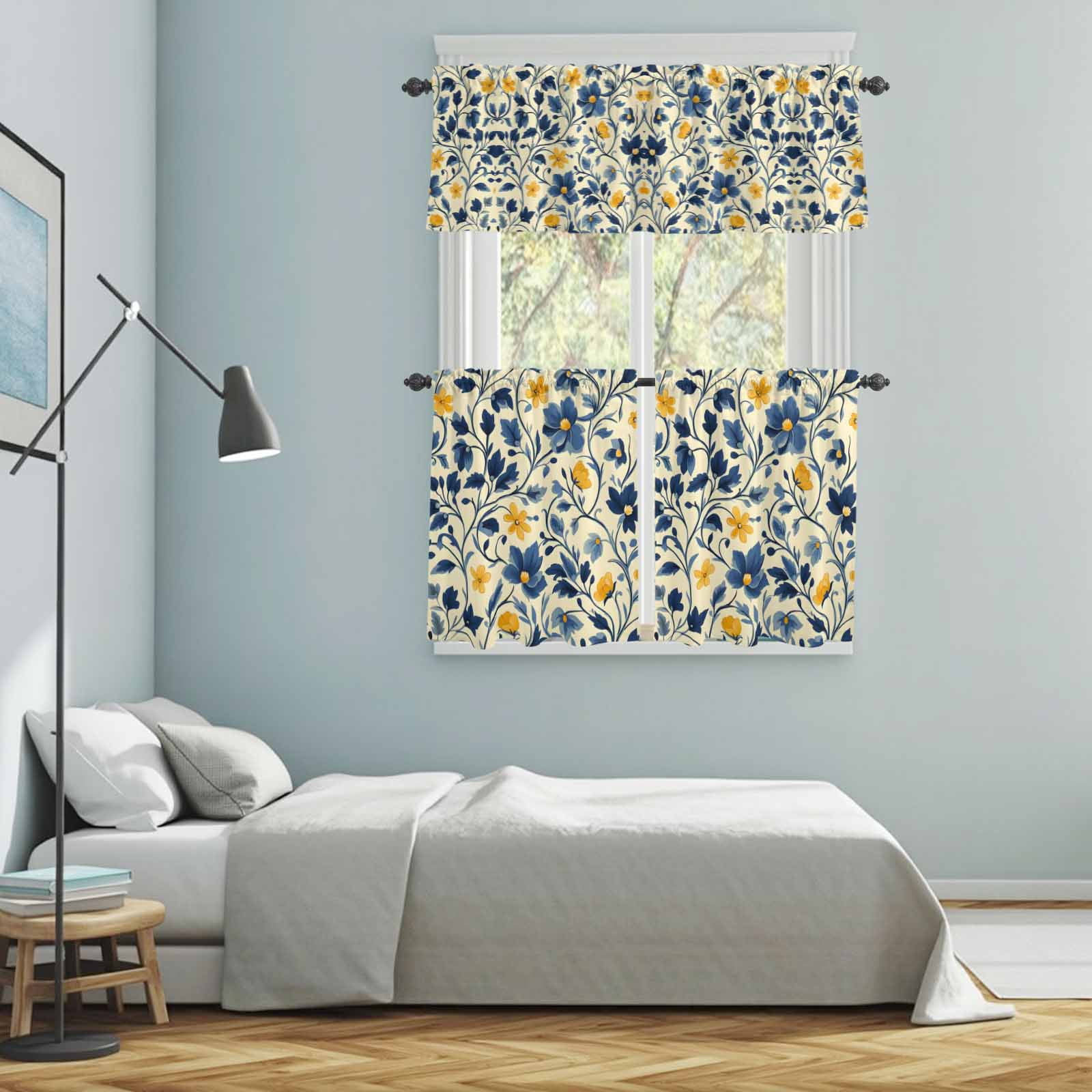 Rustic Floral Kitchen Curtains Valances 3 Piece Set, Watercolor Vintage Yellow Blue Flower Blue Grey Leaf Linen Texture Rod Pocket Tier Curtain & Valance Drapes for Small Window 24 Inch Length