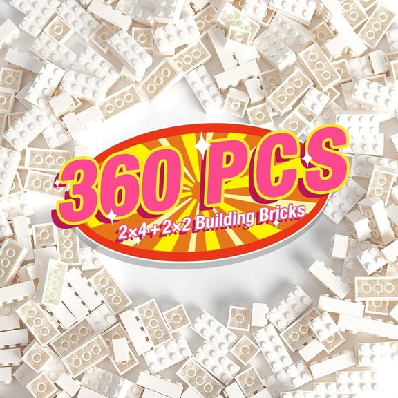 360 Pieces Building Bricks, Classic Basic Flats Parts and Pieces - 2x4 Brick x200 and 2x2 Brick x160, Moc Building Bulks Compatible with All Major Brands, White