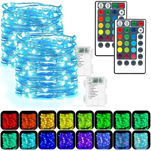 shiyou-Fairy Lights Battery Powered, 2 Pack 50 LEDs 16 Colors Changing Sliver Wire String Lights, Larger RGB Bulb Super Bright Twinkle Lights with Remote Control for Party Christmas Bedroom Halloween