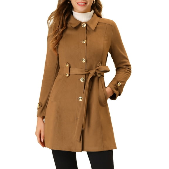 INSPIRE CHIC Women's Winter Faux Suede Button Front Tie Belt Waist Long Trench Coat