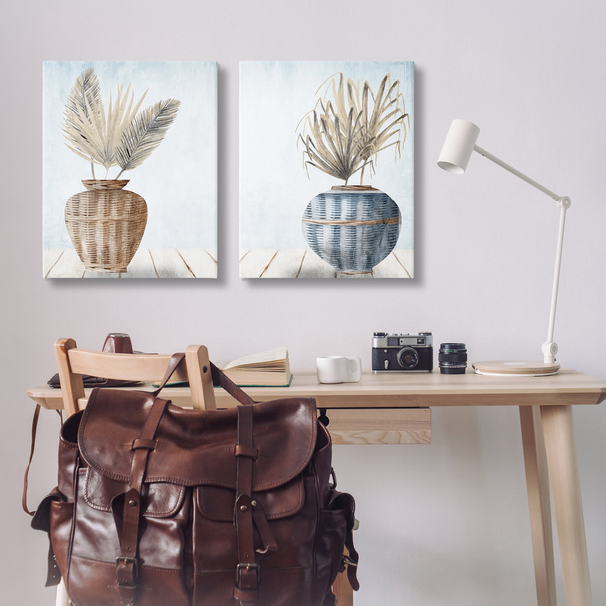 Stupell Industries Palms in Rattan Planters Floral & Botanical Painting Wrapped Canvas Art Print Wall Art, 24 x 30, Set of 2