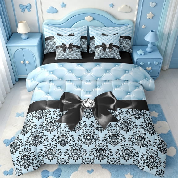Manfei Retro Damask Baroque 7-Piece Twin Bedding,Black Dreamy Bowknot Bedding Comforter Set,Black Reversible