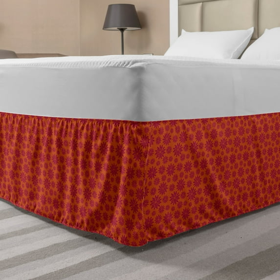 Floral Bed Skirt, Modern Design with Geometrical Bold Line Flowers Image, Elastic Bedskirt Dust Ruffle Wrap Around for Bedding Decor, 4 Sizes, Scarlet and Maroon, by Ambesonne