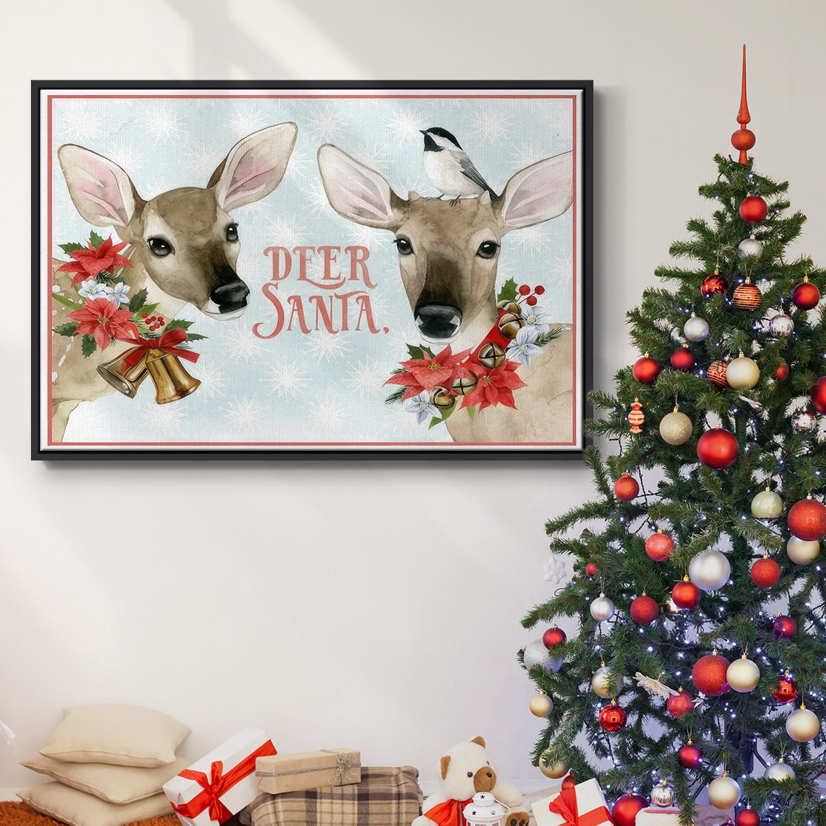 Deer Christmas Collection A - Framed Gallery Wrapped Holiday Canvas - 25 x 37 - Black Frame