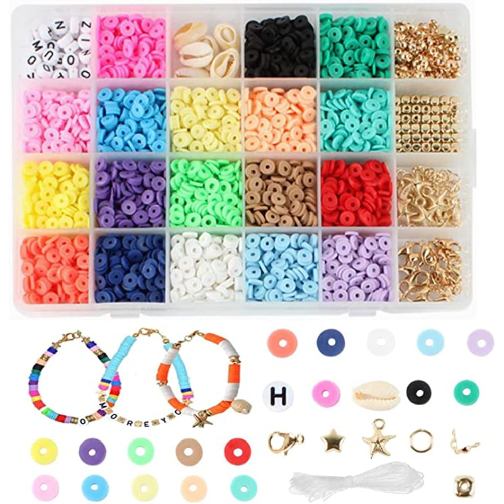 6100pcs Clay Beads for Bracelet Making,Bracelet Making Kit 6mm 24 Colors  Flat Round Polymer Clay Spacer Beads with Letter Beads Charms Elastic  Strings for Jewelry Making DIY
