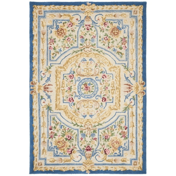 SAFAVIEH Savonnerie Barrfind Bordered Area Rug, Blue/Ivory, 4' x 6'
