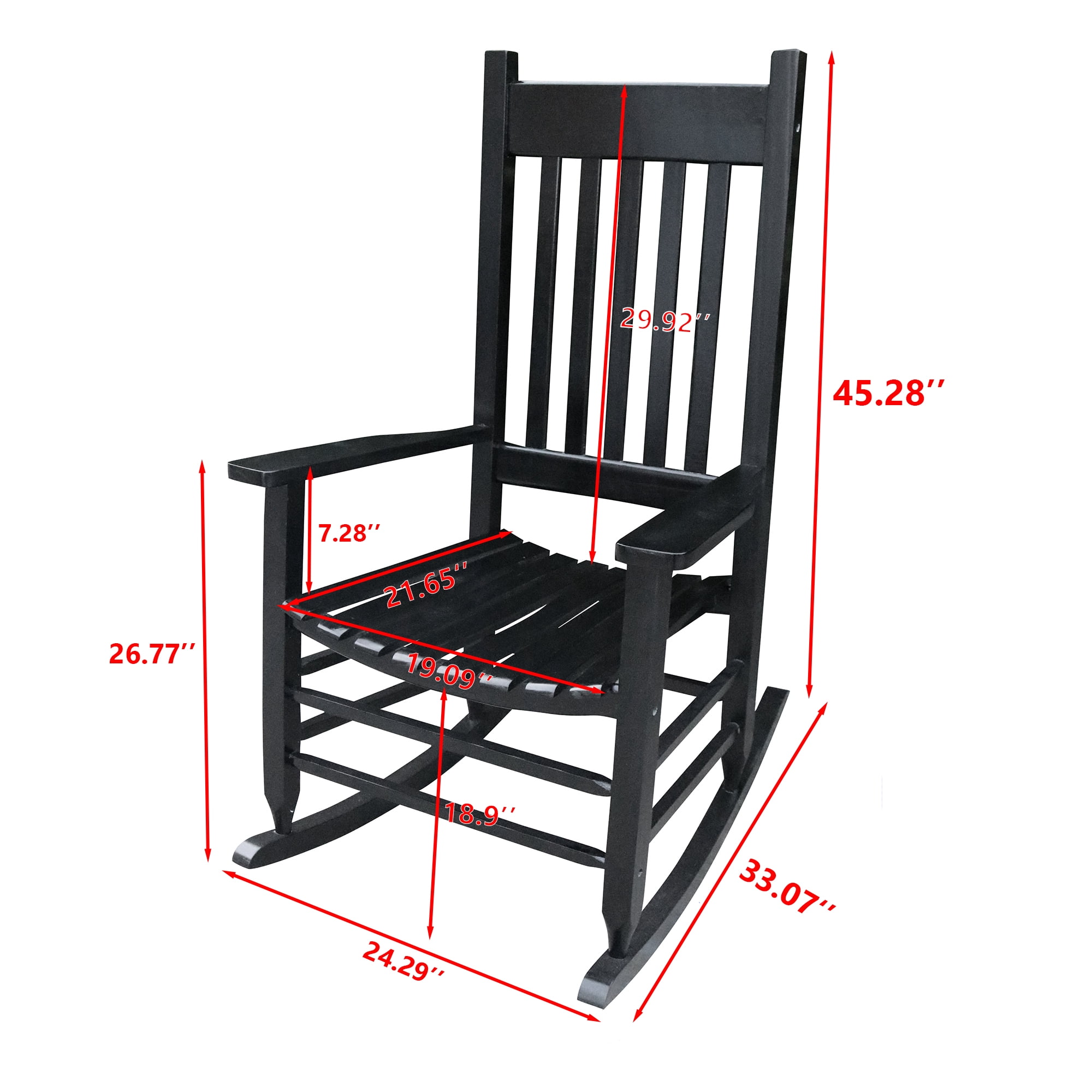 Outdoor Wooden Rocker Chair, Finished Porch Leisure Rocking Chair No Mat Needed for Patio Garden, Black