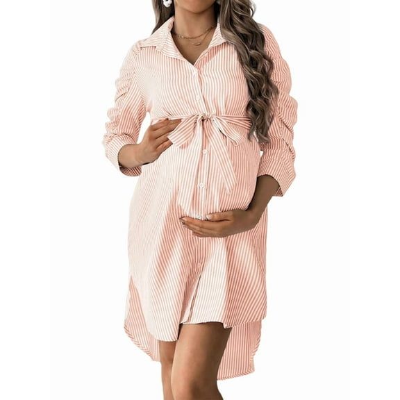Women'S Maternity Shirt Dress Striped Lapel Button Shirt Dress 3/4 Sleeve Maternity Dress Orange & Red XL