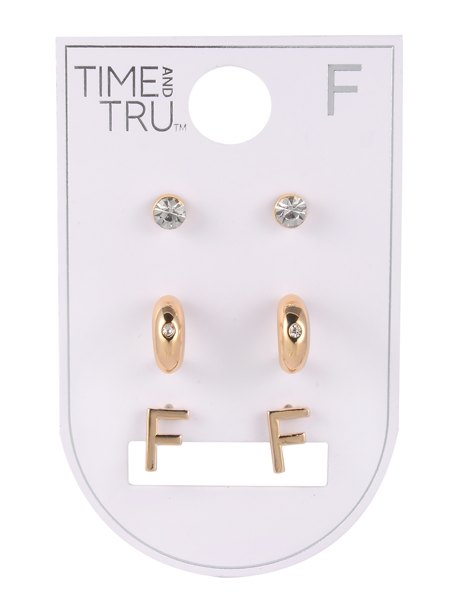 Time and Tru Goldtone 3-On Crystal Stud, Hoop, Initial "F" Earring Set