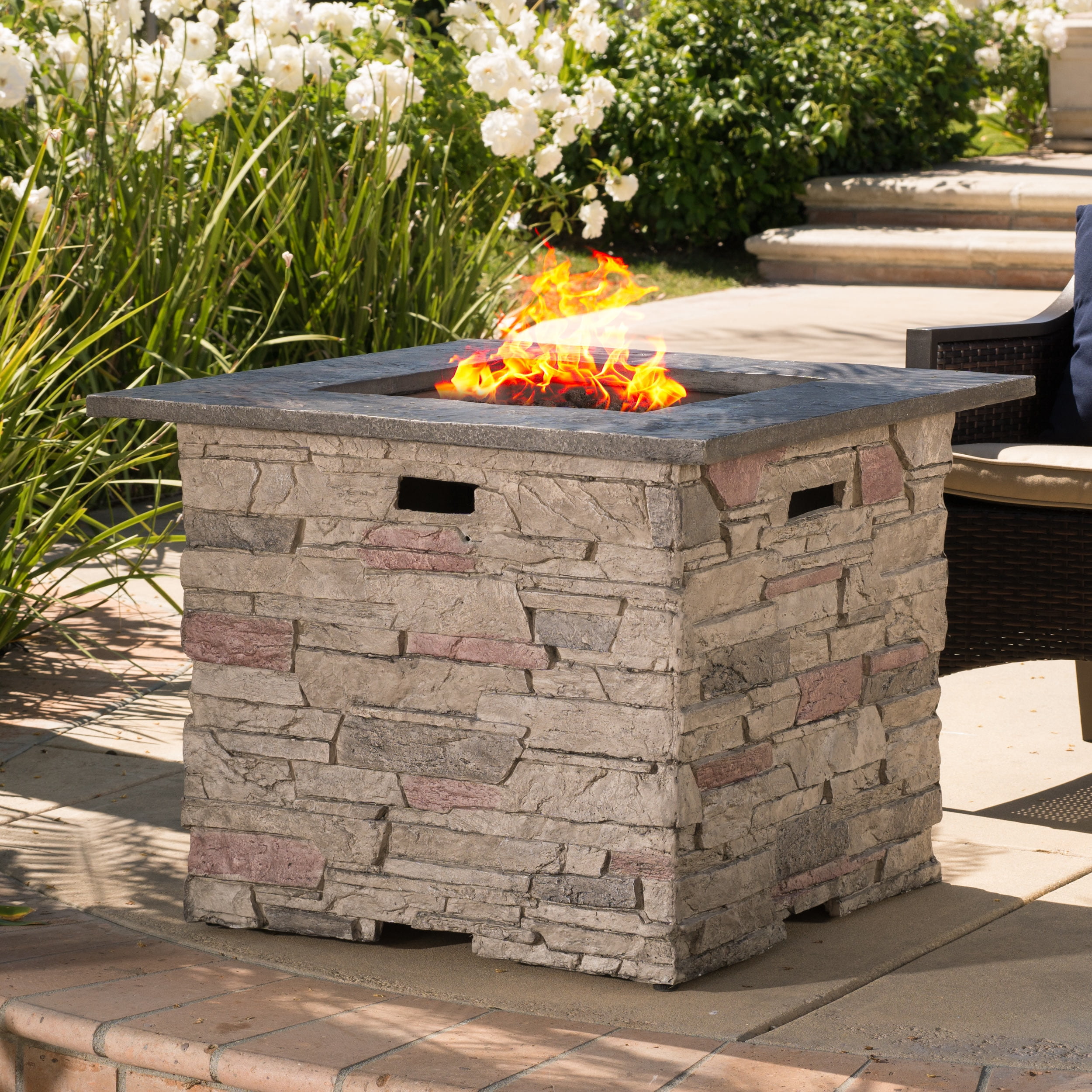 Awalua 32" Square MGO Fire Pit with Grey Top - 40,000 BTU, Natural Stone