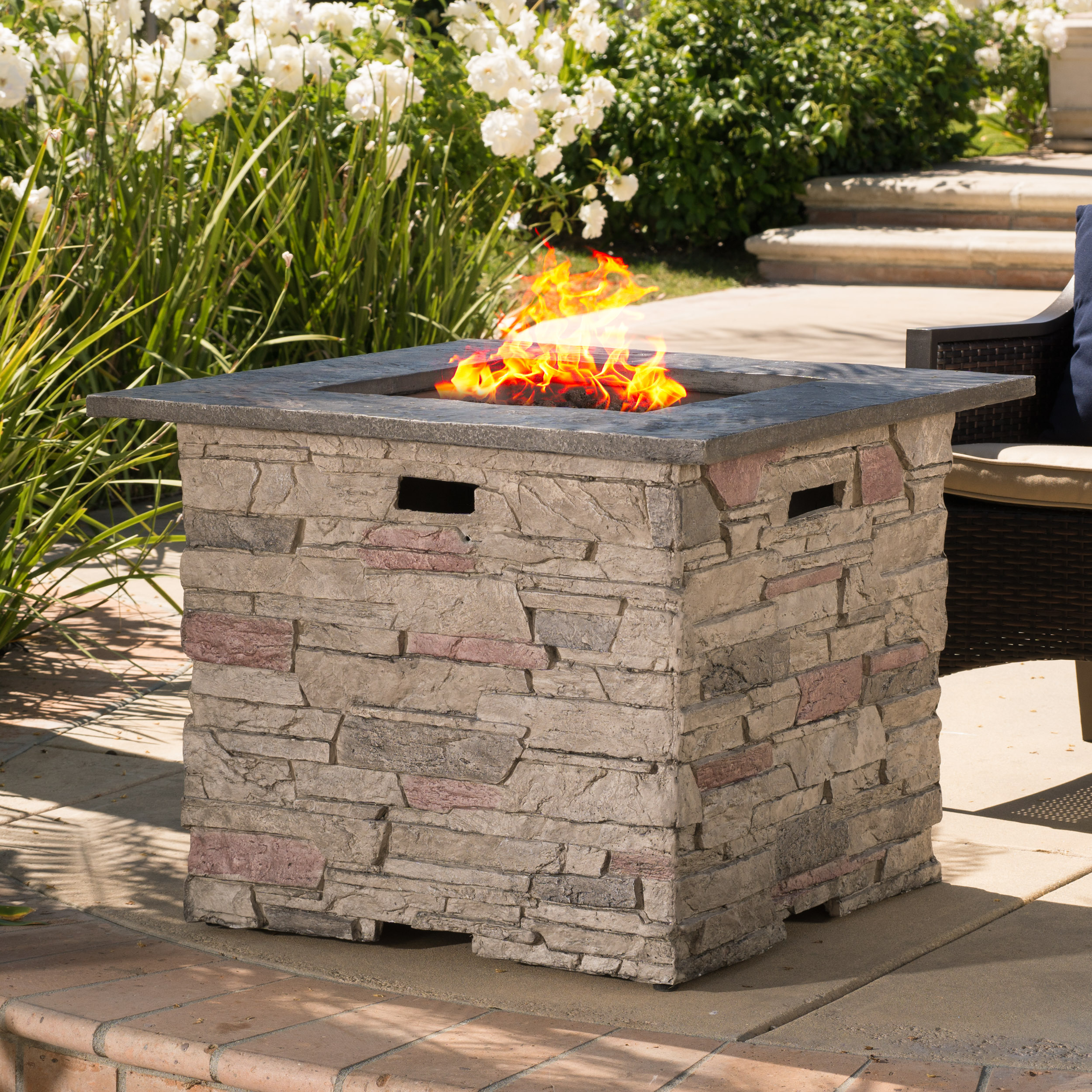 Awalua 32" Square MGO Fire Pit with Grey Top - 40,000 BTU, Natural Stone - image 2 of 7