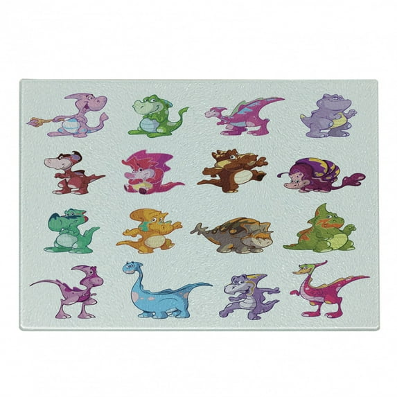 Jurassic Cutting Board, Dino's Dinosaurs Extinction Funny Comic Cartoon Illustration, Decorative Tempered Glass Cutting and Serving Board, Small Size, Multicolor, by Ambesonne