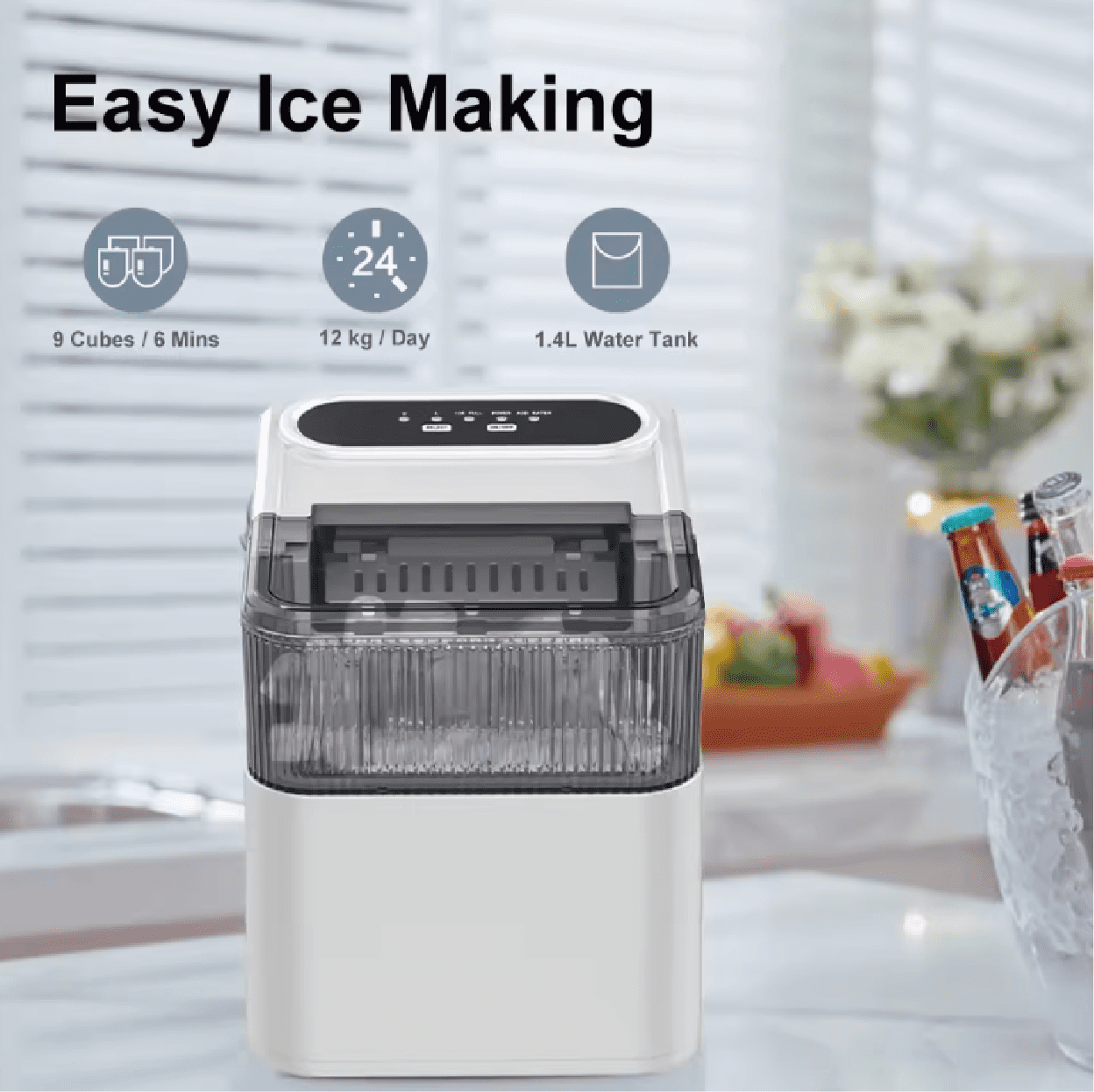 Wigoo Ice cube making machines,Countertop Ice Maker Machine with Handle, 26lbs Per Day, 9 Ice Cubes Ready in 6 Mins, for Home/Kitchen/Camping/RV (White)
