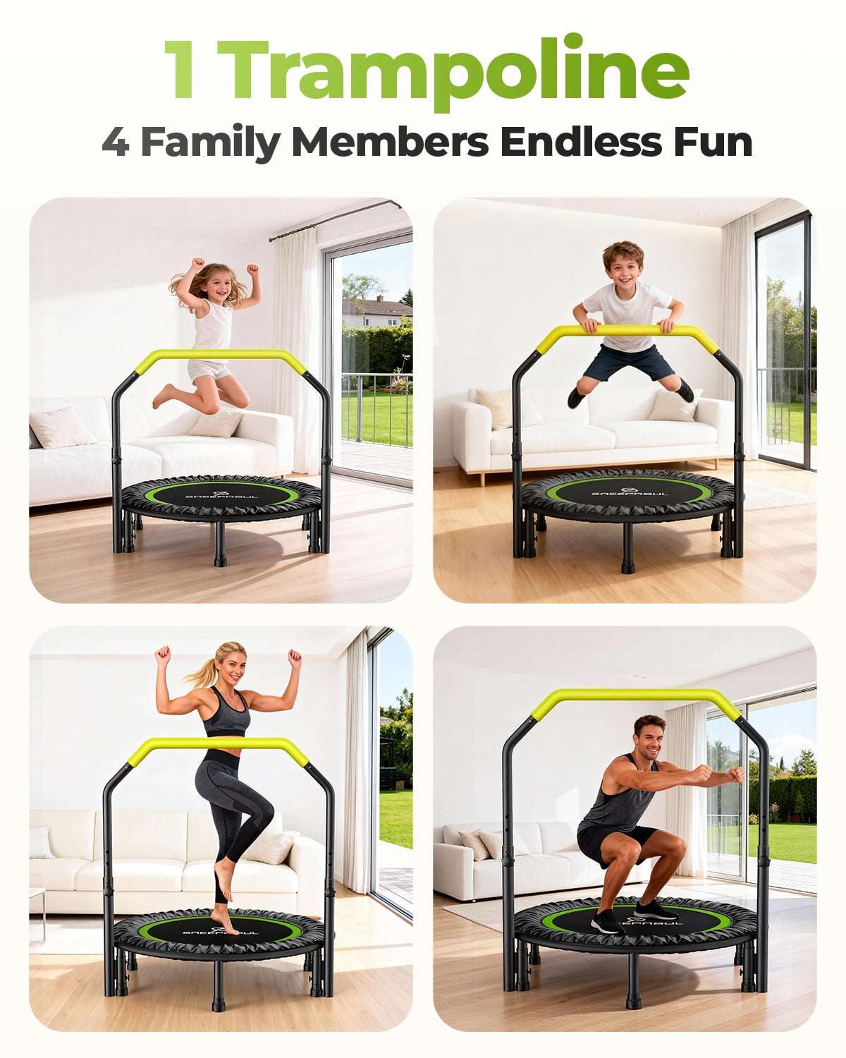 SAEEPABUL 40Inch Mini Fitness Rebounder Trampoline with Adjustable Handle, Indoor Exercise Workout Trampoline for Adults, Max Load 330lbs, Green