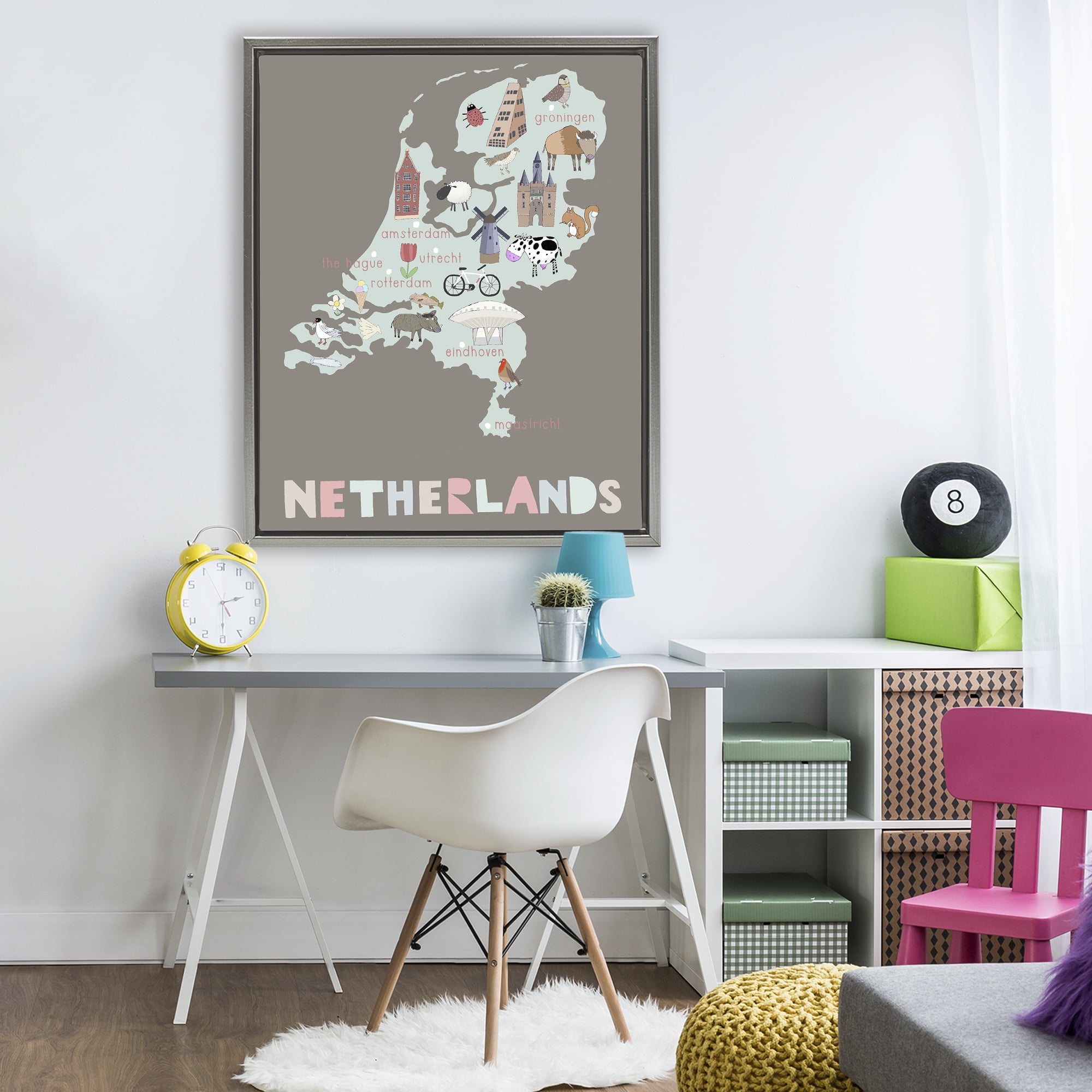 Kid's Map of Netherlands Gray Framed Floater Canvas Wall Art, design by Carla Daly