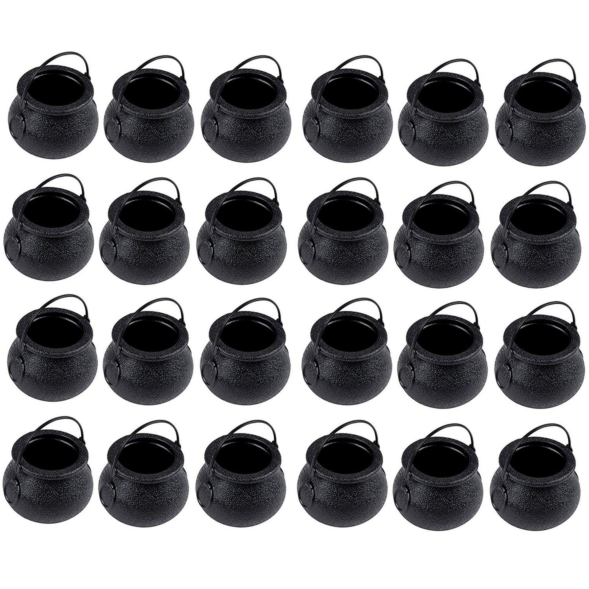 24Pack Mini Plastic Cauldron Kettles, Novelty Candy Holder with Handle, Black Bucket Pot for