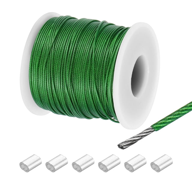 230Ft Wire Rope 304 Stainless Steel Cable 1/24" Vinyl Coated with 6pcs Aluminum Sleeves Green