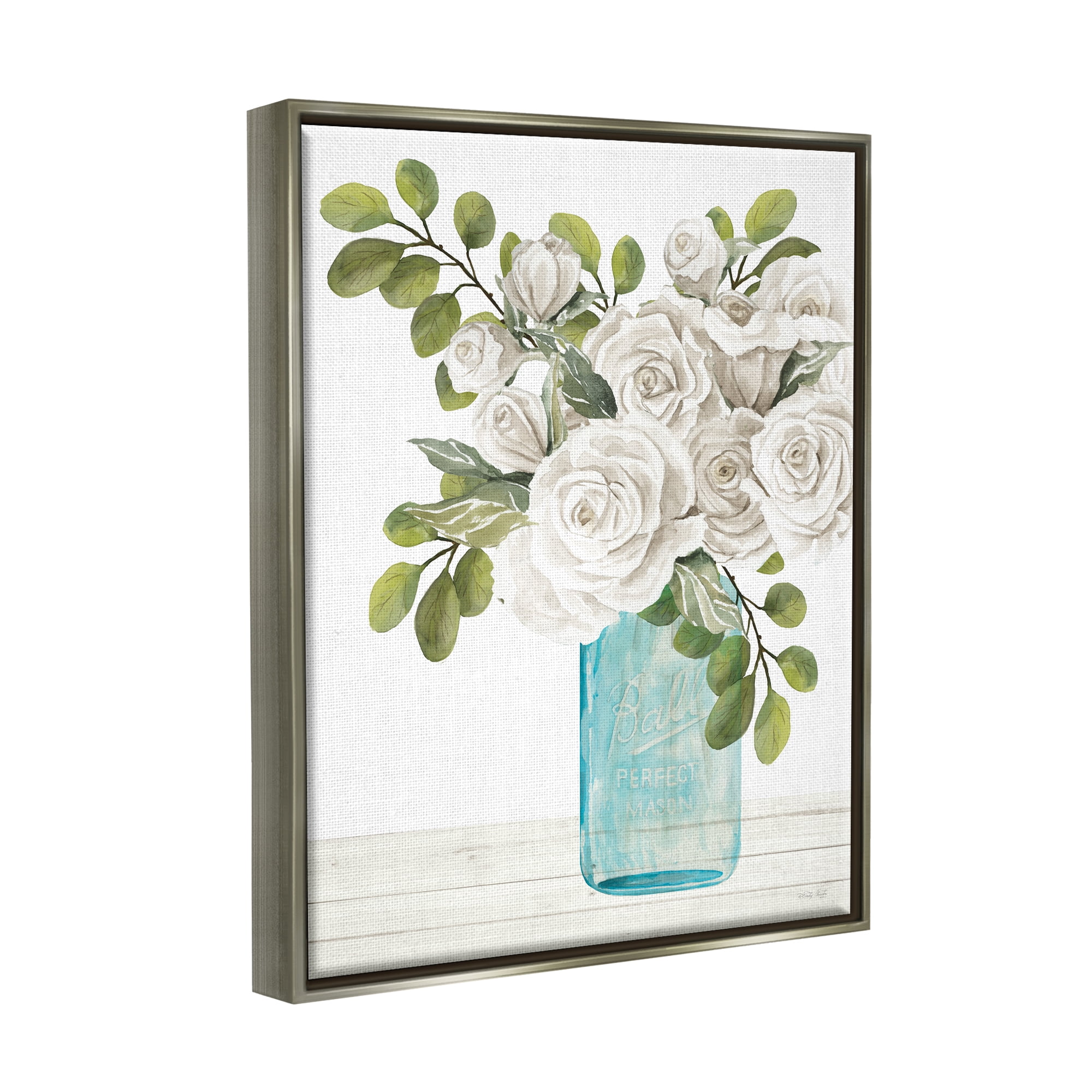 Stupell White Blossoms Country Jar Botanical & Floral Painting Gray Floater Framed Art Print Wall Art
