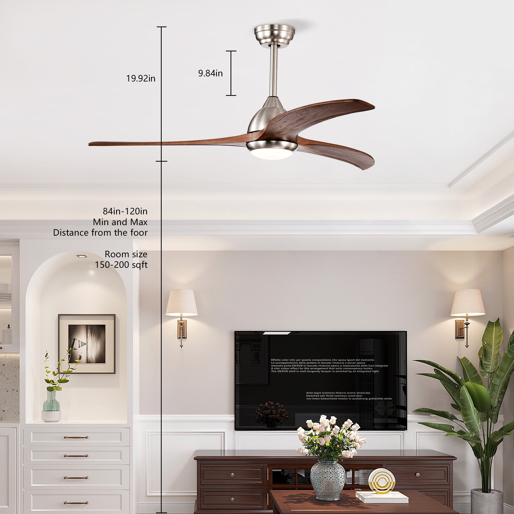 Ceiling Fan with Light, 52 Inch Reversible Noiseless Fan for Home Indoor Living Bedroom, Stain Nickel Walnut