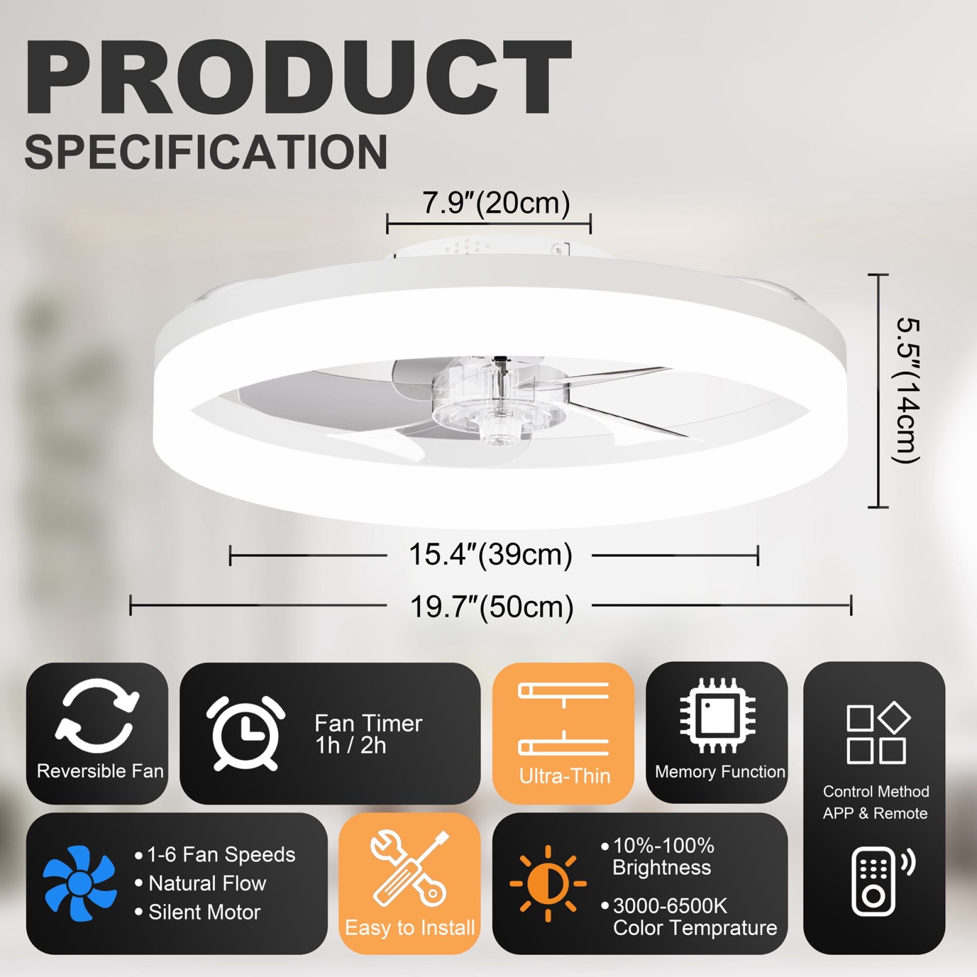 Leumius 19.7" LED Ceiling Fan Light with Remote and App Control, 6 Speeds, Dimmable, 3000K-6500K, Flush Mount Fandelier for Bedroom White