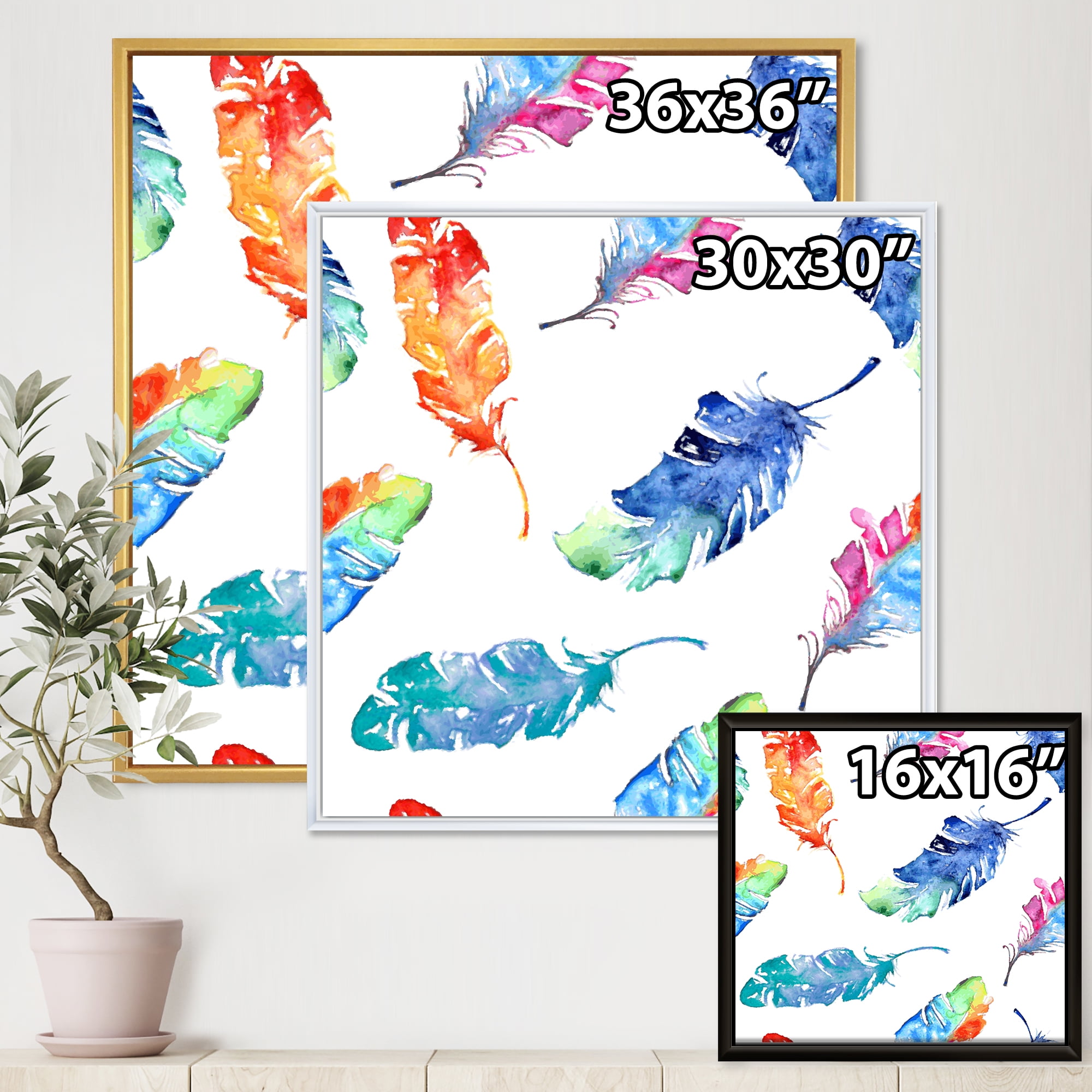 Ethnic Colorful Feathers 30 in x 30 in Framed Painting Canvas Art Print, by Designart
