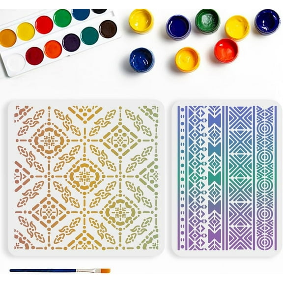 2pcs Artistic Pattern Stencil 11.811.8/11.78.3inchGeometric Diamond Pattern Stencils with Paint Brush Decorative Mandala Stencils Template for Wall Wood Canvas Paper Colorful