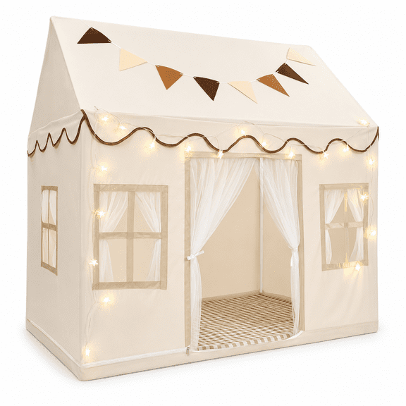 Biiend Kids Play Tent with Mat, House Theme Playhouse with Star Lights and Flags, Indoor Outdoor Tent, Cream, 50 x 34 x 51 inch, Ages 3