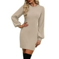 thumbnail image 5 of Women's Casual Dress Long Sleeve Round Neck Solid Color Classic Fit Midi Dress for Spring Fall Daily Wear,Khaki,M, 5 of 6