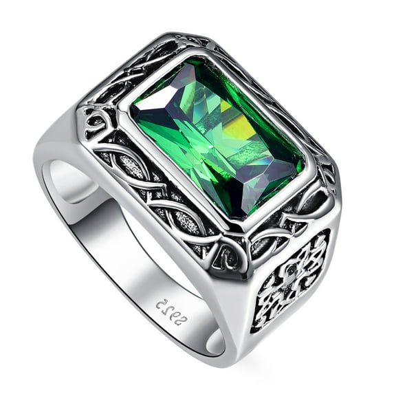 Men's 8X12mm Radiant Cut Created Emerald 925 Sterling Silver Wedding Engagement Band Size 6-14