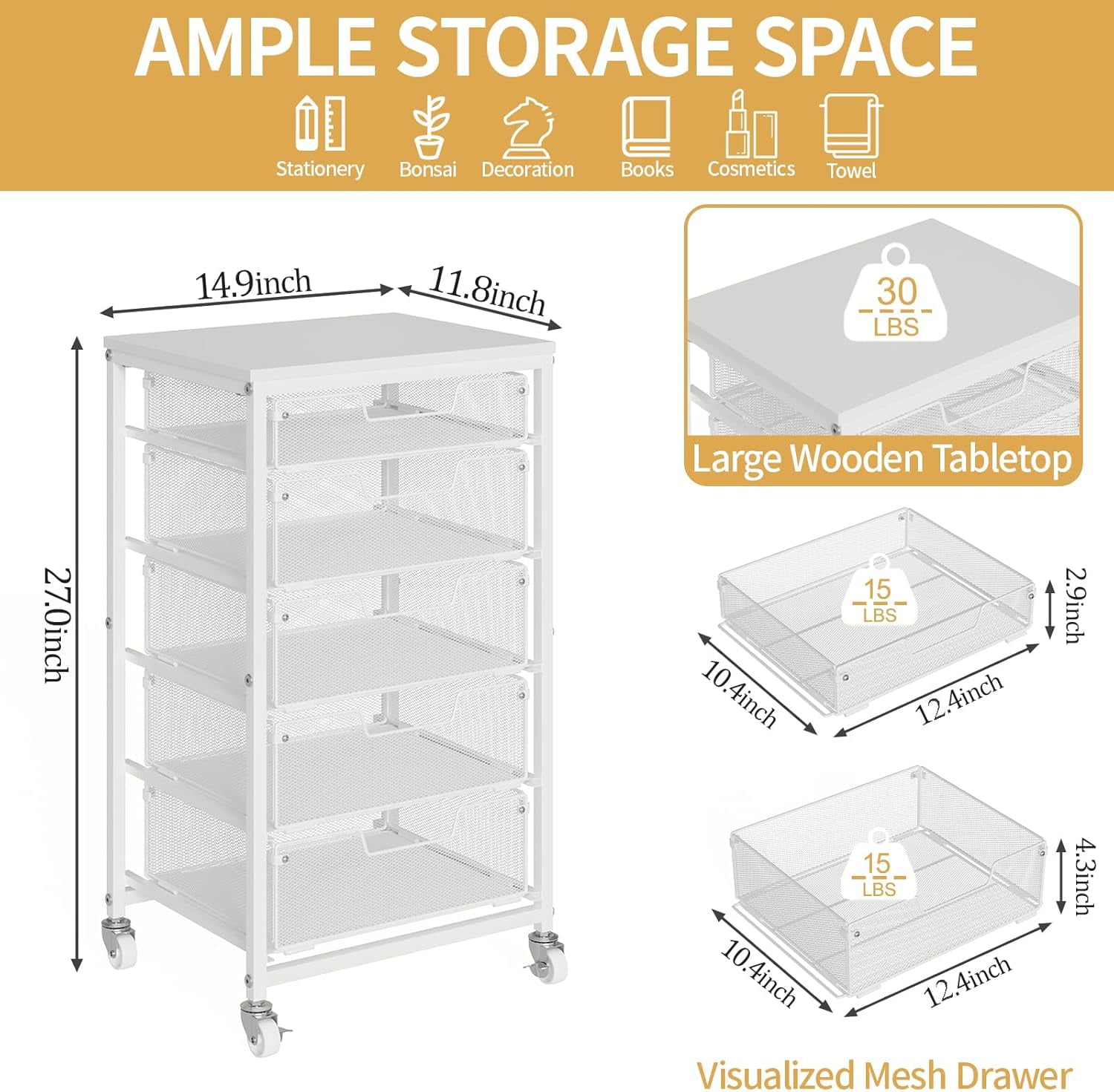 X-COSRACK 5-Drawer Rolling Storage Cart with Wooden Tabletop, Metal Mesh Utility Craft Organizer with Lockable Wheels for Office, Classroom, Bedroom & Salon, White