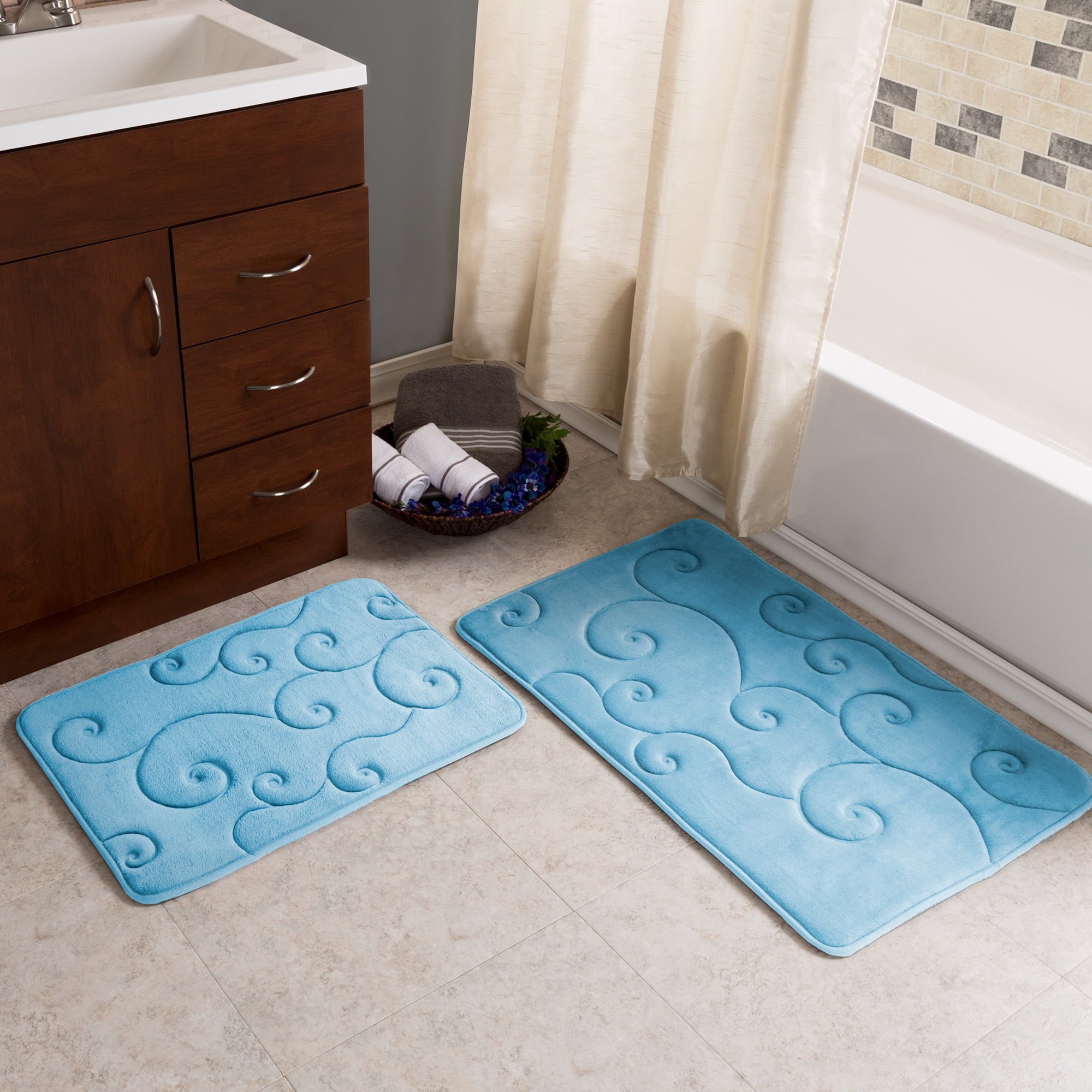 Lavish Home Set of 2 Bathroom Rugs – Non-Slip Memory Foam Bath Mats, Blue - Walmart.com