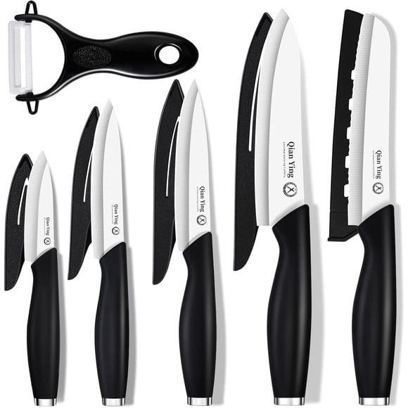 Ceramic Knife Set - Ceramic Knives Set for Kitchen, Ceramic Kitchen Knives with Covers, 6" Bread Knife 6" Chef Knife 5" Utility Knife 4" Fruit Knife 3" Paring Knife Peeler, Rust Free Proof
