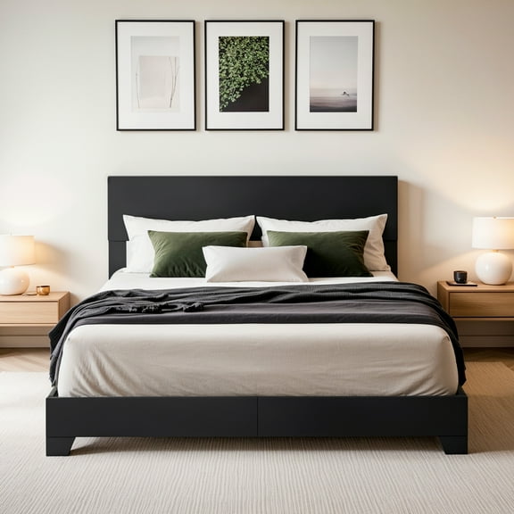 Einfach Queen Size Black Leather Upholstered Bed Frame with Adjustable Headboard, No Box Spring Needed, Low