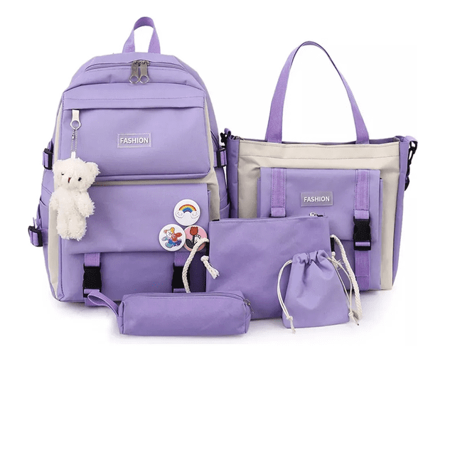 Set 5 Mochila Bolsas Escolar Estudiante Lapicera Tote Lona Xtellar morado