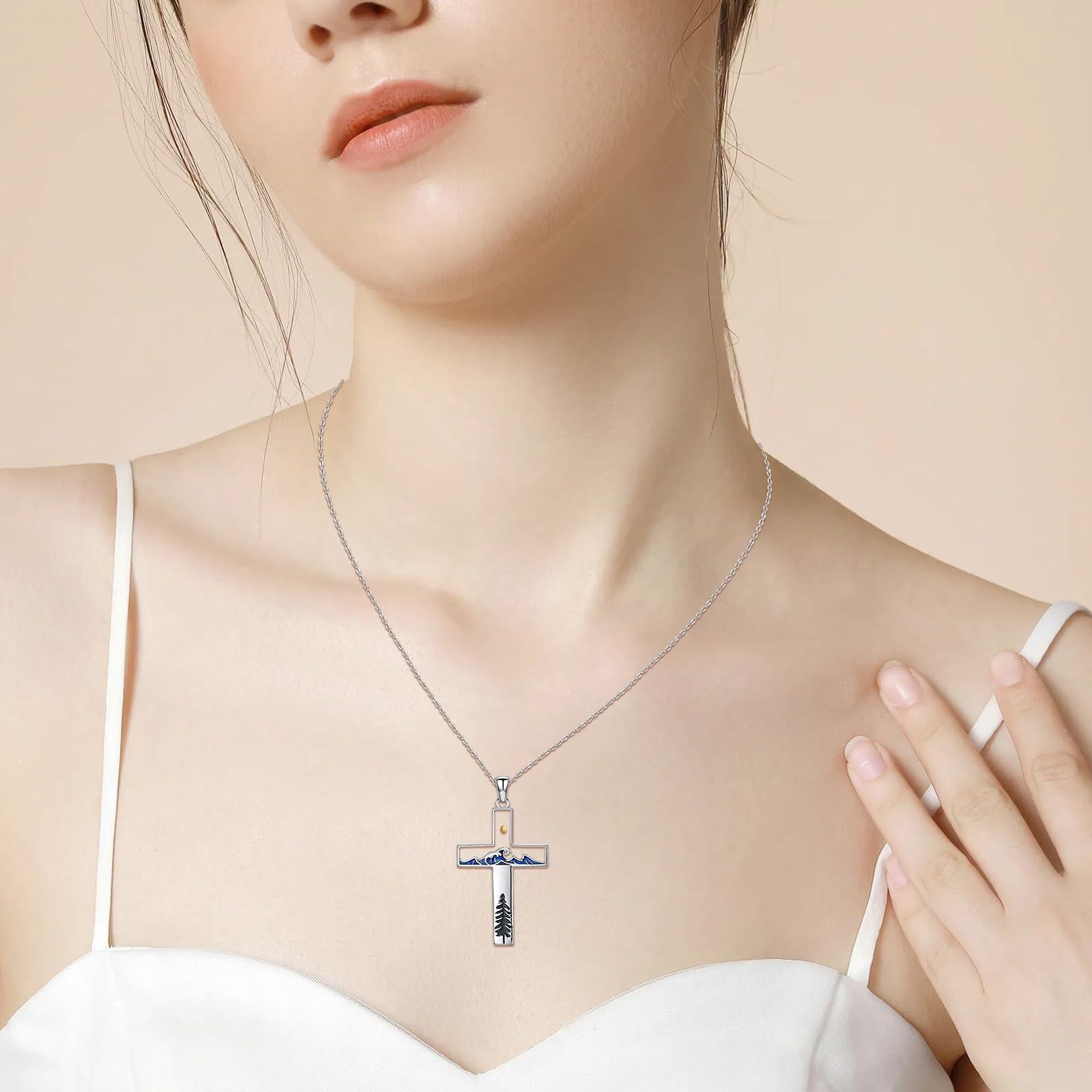Coachuhhar Mustard Seed Cross Necklace 925 Sterling Silver Wave Pine Tree Pendant Necklace Faith Religious Jewelry Christmas Gifts for Christian