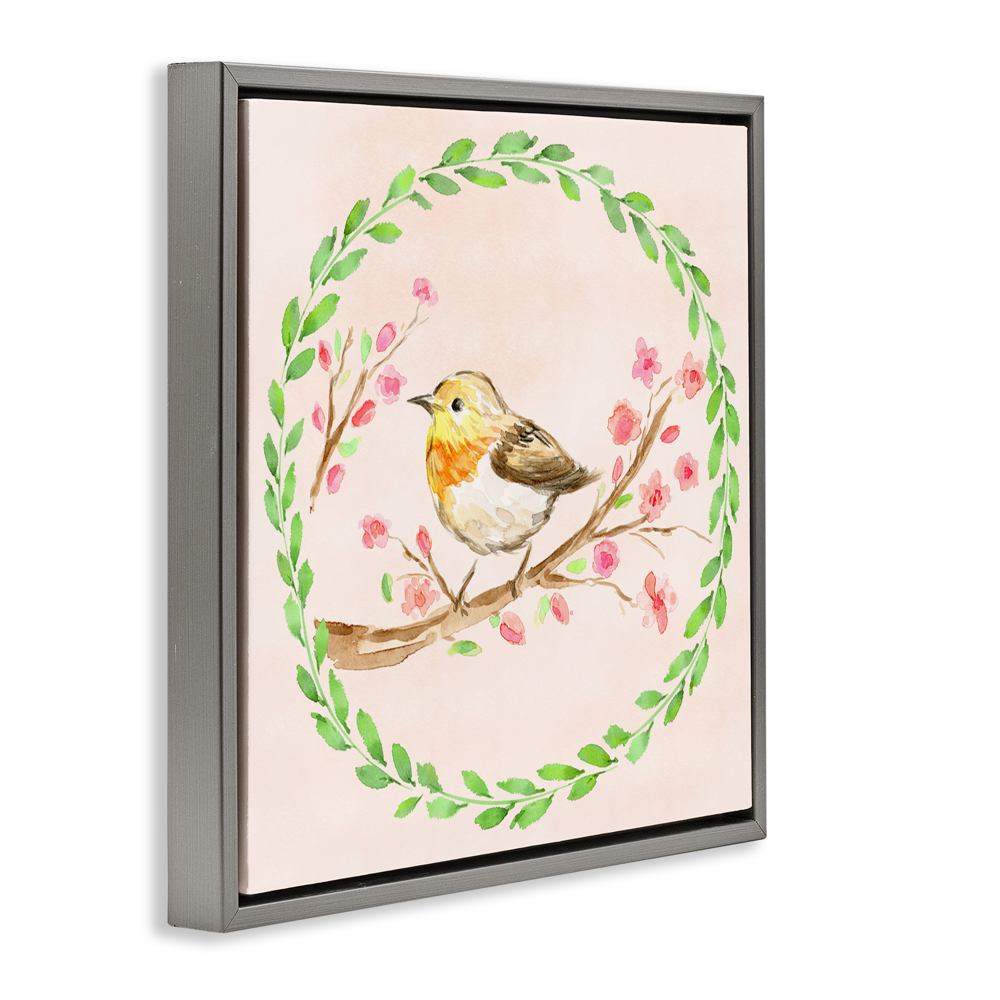 Spring Wreaths Bird Gray Framed Floater Canvas Wall Art, design by Elena Fay