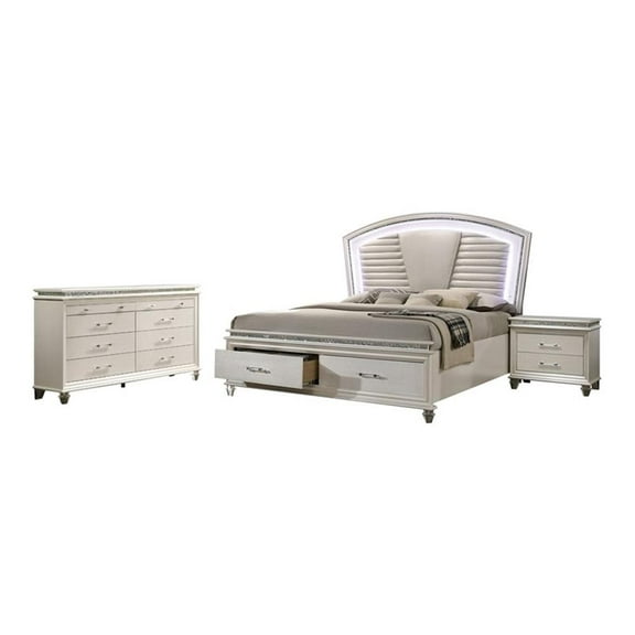 FOA Plumley 3-Piece White Wood Bedroom Set - King Nightstand Dresser