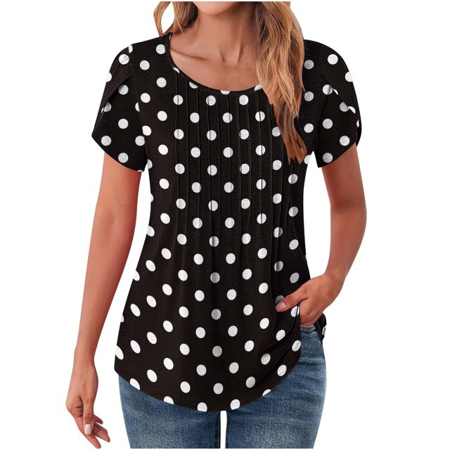 YUGYXL Womens Summer Shirts Short Sleeve Blouses Front Ruffle Pleated Tshirts Ladies Tunics Comfy Tees Clearance B Multicolor M