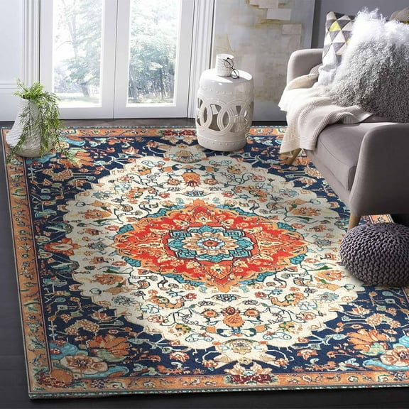 Area Rugs Living Room Rug Classical Oriental Floral Pattern Washable Soft Fluffy Large Rug Retro Tribal Art Non-Slip Floor Carpet For Bedroom Home Decor 1x2ft